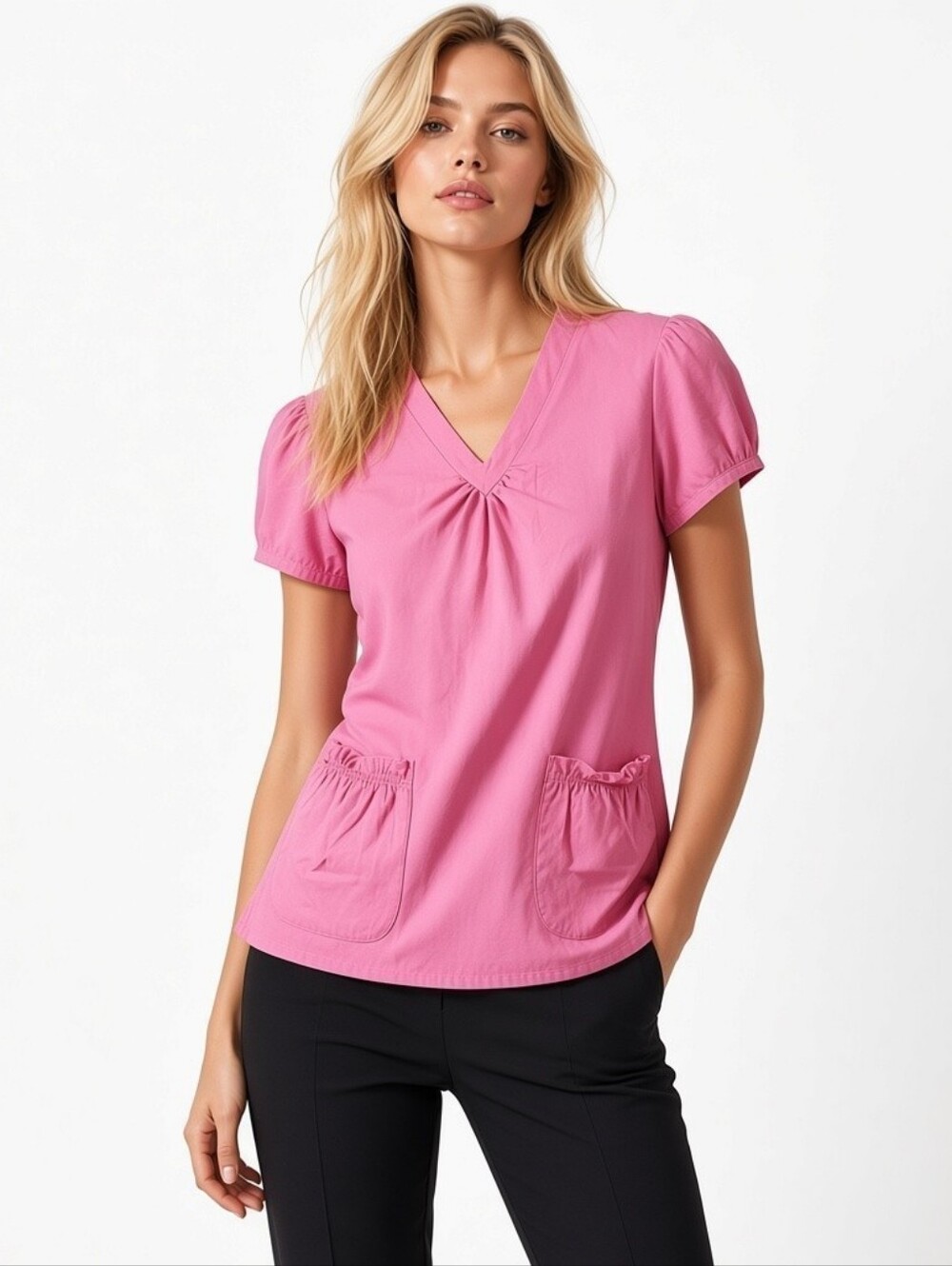 White Cross Women’s Pink V-Neck Scrub Top, 2 Ruffle Pocket, Cap Sleeeve, EUC, S